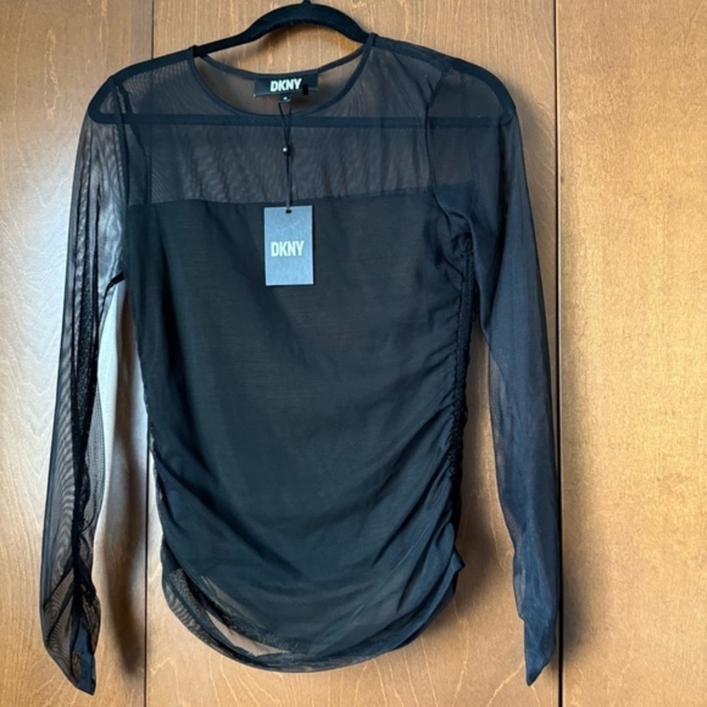 DKNY Black Sheer Long Sleeve Top Semi Lined. NWT XS Ret $79 Side & Sleeve Rouch